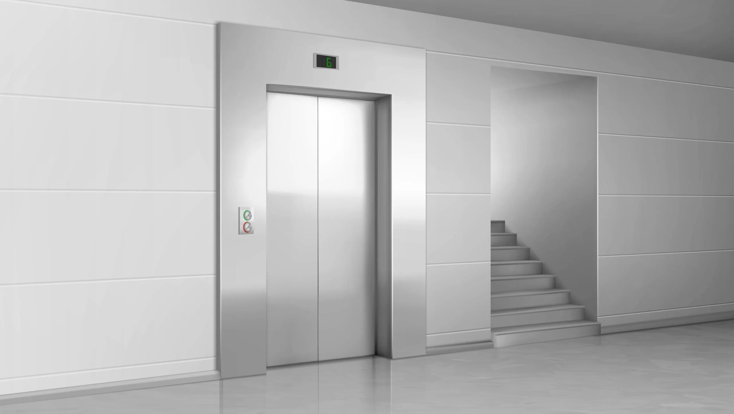 Lift door and stairs in lobby, closed elevator Nettoyage des sols